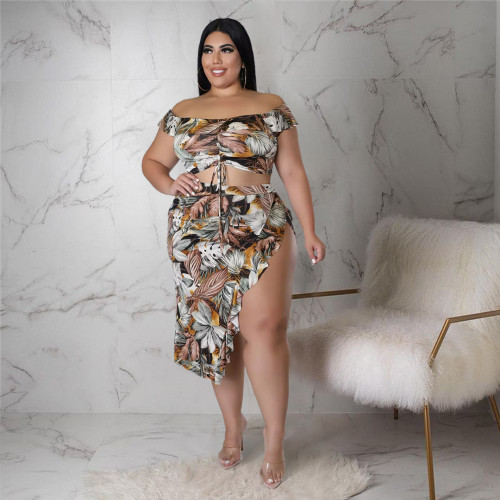 Plus Size Sexy Print Bandage Split Joint Slit Off the Shoulder Two Pieces Skirts Set