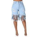Spring Casual Solid Color Tassel Frayed Midi Jeans