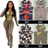 Women Loungewear Casual Fashion Print Zipper Long Sleeve Adjustable Collar Jumpsuit