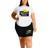 Plus Size Fashion Two Pieces Casual Solid Color Graphic Print Short Sleeve Shorts Set