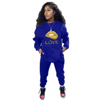Fashion Blue Pockets Mouth Printed Pullover Sweatshirt Pants Set