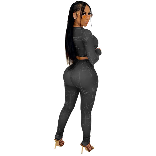 Sexy Black Letter Printed Mesh Pullover Crop Top Two Piece Casual Set