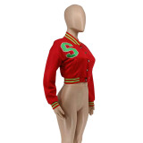 Casual Red Cropped Letter Print Varsity Baseball Jacket
