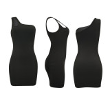 Solid Color Pit Single Shoulder Sleeveless Bodycon Dress