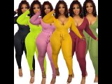 Yellow Elegant Knitted Ribbed Pencil Long Sleeve Jumpsuit Office Lady V-neck with Sashes High Waist One Piece Overall Playsuits