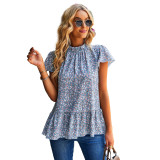 Casual Fashion Floral Pattern Print Ruffle Sleeve Top