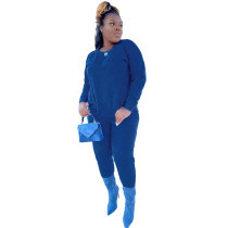 Casual Dark Blue Cotton Pocket Tracksuit Pant Set Spring Autumn Women Sweatpants 2 Pieces