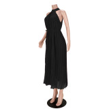 Summer Black Chiffon Double Tie Sleeveless Long Pleated Dress