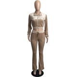 Autumn Winter Khaki Velvet Sports Sweatshirt Crop Top and Trousers