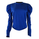 Solid Color Imitation Cotton Puff Sleeve Burnt Hole Top