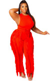 Solid Color Fringe Sleeveless Two Piece Pant Set