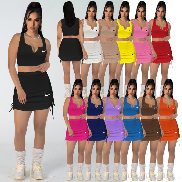 High Elastic Cotton Pit V Neck Low-cut Drawstring Embroidery Skirt Set