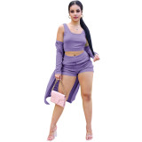 Casual Solid Purple Ribbed Crop Vest Top Short And Cardigan 3 Pieces Set