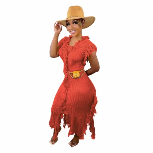 Casual Orange Knitted Edge Distressed Tassels Sleeveless Dress