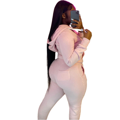 Casual Pink Fleece Sports Thick Zipper Hooded Two Piece Set For Women