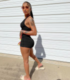 Solid Color Sexy Black Backless Halter Two Piece Shorts Women Set