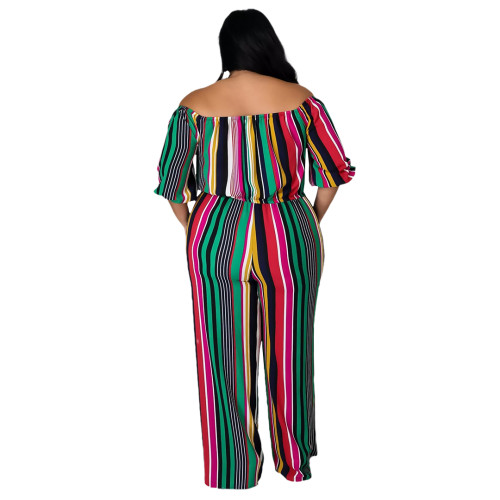 Sexy Colorful Striped Off Shoulder Jumpsuit with Wide Leg