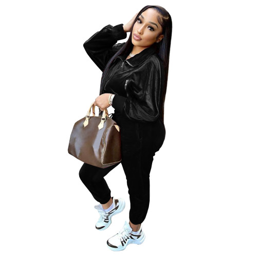 Solid Color Black Zipper Gold Velvet Long Sleeve Loungewear Women Sets with Pockets