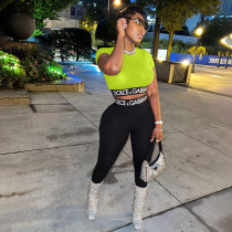 Casual Printed Letter Short Sleeve Crop Top & Trousers Two Pieces