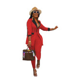 Solid Color Turndown Collar Colorblock Long Sleeve Pant Set