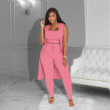 3PCS Solid Ribbed Tank Top + Sleeveless Long Cloak + Pants
