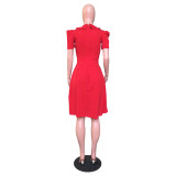 OL Style Ruffle Collar Short Sleeve Pleated Dress