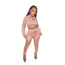Solid Color Pink Zipper Cropped Hoodie Trousers Two Piece Set