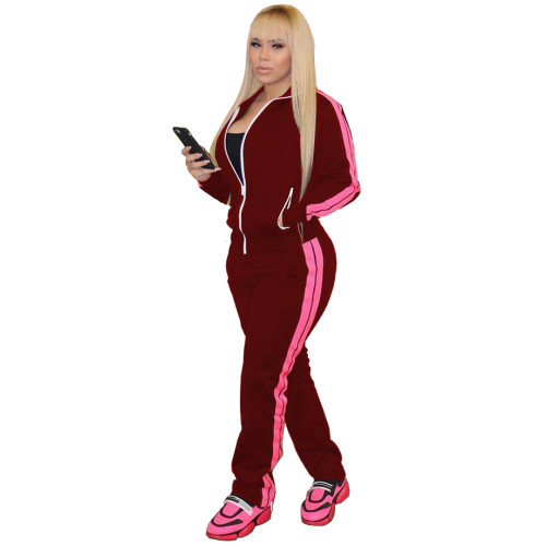 Casual Solid Wine Red Stitching Zipper Turndown Neck Women Two Piece Outfits for Outdoor Exercise
