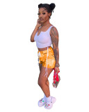 Casual Printed Drawstring Vest Crop Top and Patchwork Short