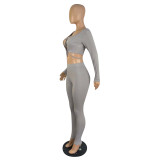 Autumn Rib Hollow Out Sexy Crop Top Two Piece Set