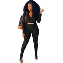 Solid Color Black Long Sleeve Sets Stacked Sweat Suits Women Pleated 2 Piece Set Clothing