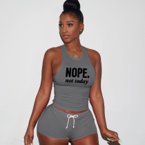 Casual Dark Grey Printed Letter Sports Sleeveless Tank Top Shorts Set