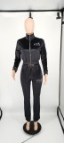 Solid Black Velvet Embroidered Letters Tracksuit Long Sleeve Zipper 2 Piece Pants Set
