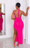 Summer Beachwear Hook Strap Halter Mesh Slit Sunscreen Long Beach Dresses