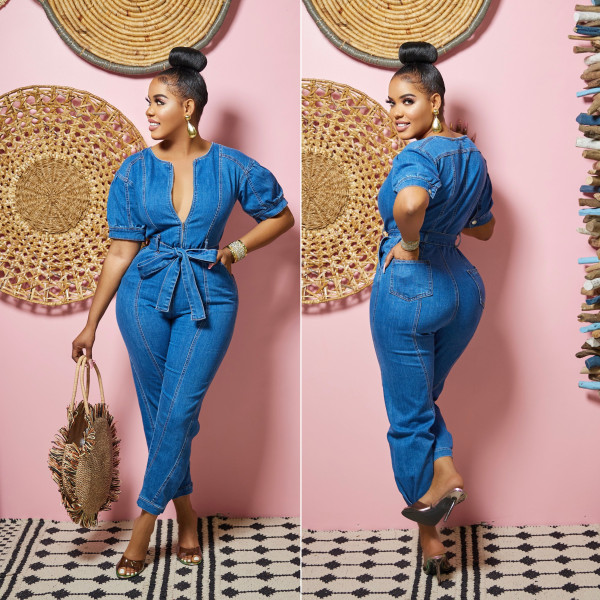 Denim Zipper Collar Lace-Up Jumpsuit