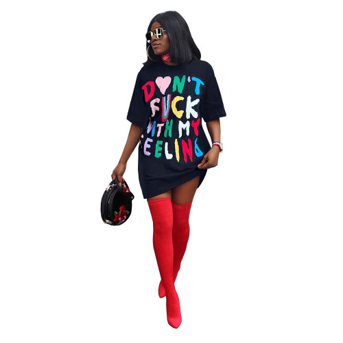 Fashion Multicolor Contrast Printed Letter T-Shirt Dress