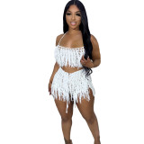 Sexy See Through Knit Hook Tassel Beach Shorts Set