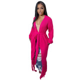 Tassel Trim Open Front Chunky Knit Longline Cardigan