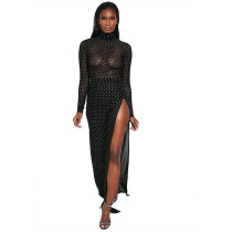 Flocked Mesh See Through High-cut High Neck Maxi Dress with Panties