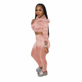 Solid Color Pink Zipper Cropped Hoodie Trousers Two Piece Set