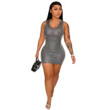 Summer Grey Sequin Casual U Neck Sleeveless Mini Dress