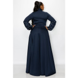 Plus Size Solid Beaded Tie Neck Ruffle Sleeve Formal Maxi Dress With Pocket