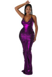 Solid Color Deep V Halter Stacked Maxi Dresses