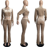 Autumn Winter Khaki Velvet Sports Sweatshirt Crop Top and Trousers