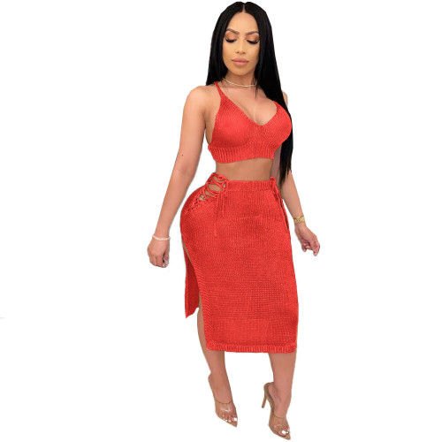 Solid Color Sweater Straps Crop Top and Skirts Set