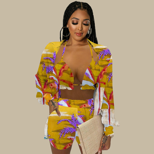 Women Three Piece Set Printed Bra Shorts with Long Sleeve Cardigan