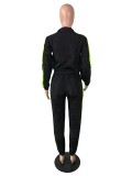 Casual Black Color Matching Zipper Lapel Running Sweatshirt Pants Set