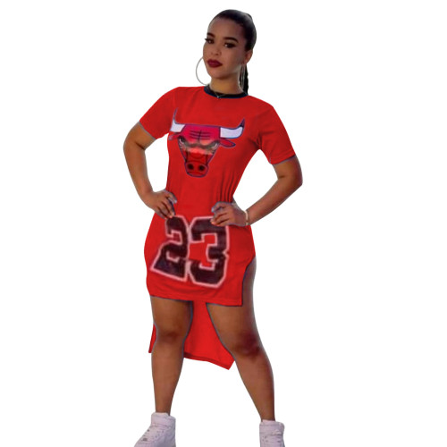 Casual Pattern Printed Short Sleeve Tuxedo Split Party Dress Basketball Cheerleaders