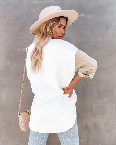 Grey White Contrast Lapel Loose Blouse Cardigan