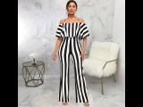 Summer Women's Striped Short-sleeved Off-the-shoulder Straps Loose Wide Leg Jumpsuit